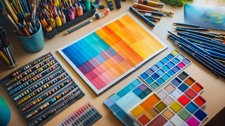 Close-up of an artist's workplace with a palette of colors and brushesの写真素材