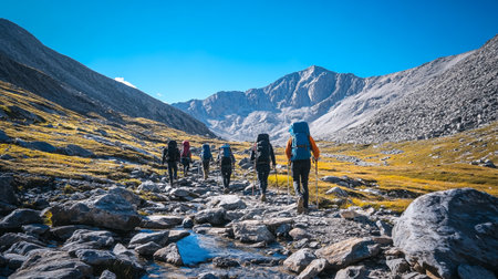 Hikers on the trekking trail in the Altai mountains, Russiaの写真素材