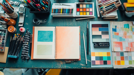 Top view of modern fashion designer workplace with sketchbook and stationeryの写真素材