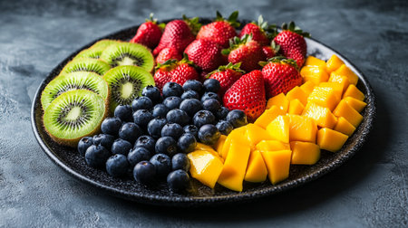 Mixed fruit salad with kiwi, strawberries, blueberries and mangoの写真素材
