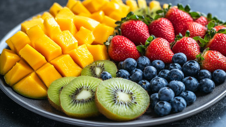 Mixed fruits (strawberry, blueberry, kiwi, mango) on dark backgroundの写真素材