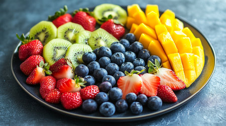 Mixed fruit salad with strawberries, blueberries, kiwi and mango on a black plate, horizontalの写真素材