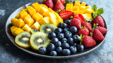 Mixed fruit salad with strawberries, blueberries, kiwi and mangoの写真素材