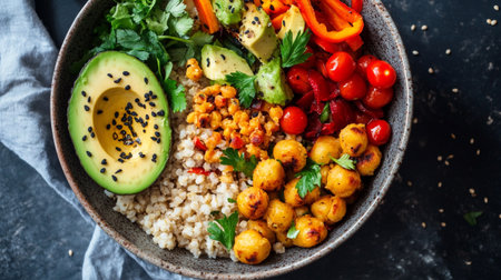 Bowl of quinoa porridge with chickpeas, vegetables and avocado on dark backgroundの写真素材