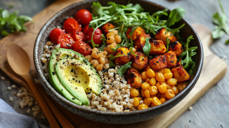 Tasty quinoa bowl with chickpeas, avocado and tomatoes on wooden tableの写真素材