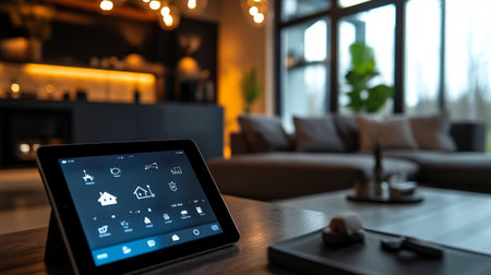 Tablet pc with home automation app on screen in modern living roomの写真素材