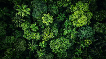 Top view of a lush green forest with various plants and trees.の写真素材