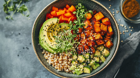 Buddha bowl with quinoa, avocado, pumpkin and microgreensの写真素材