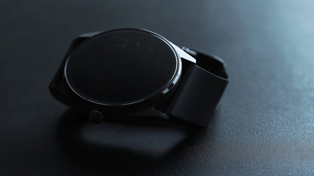Black smart watch on black background. Closeup of modern wristwatch.