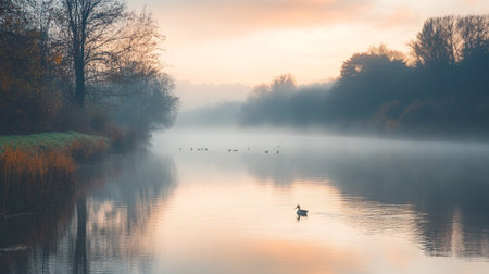 Panoramic view of a misty river at sunrise in autumnの写真素材