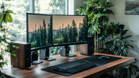 Working space with computer, keyboard, mouse and monitor on wooden table.