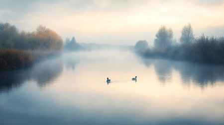 Foggy morning on the river in the autumn. Landscape.