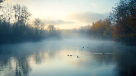 Foggy morning on the river. Beautiful autumn landscape with trees and birdsの写真素材