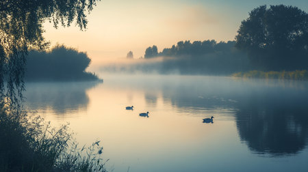 Ducks swimming in a foggy lake at sunrise in autumn.の写真素材