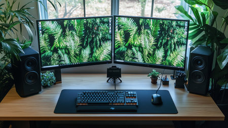 Computer and speakers on a desk in a room with green plants.