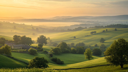 Sunrise over rolling hills and meadows in the countryside in springの写真素材