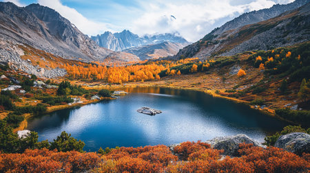 Autumn alpine lake with golden larches and snow-capped mountainsの写真素材