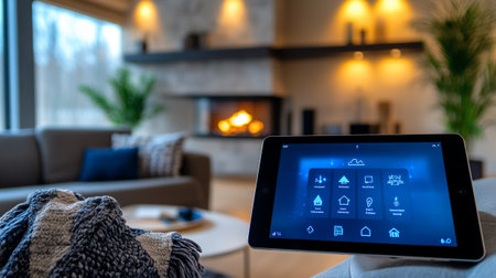 Smart home automation system on digital tablet screen in living room at homeの写真素材