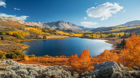 Autumn alpine landscape with mountain lake and colorful forest in the mountains.の写真素材