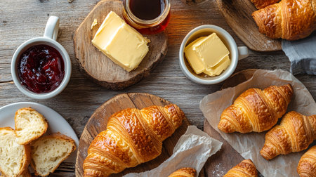 Breakfast with croissants, butter and jam on wooden table