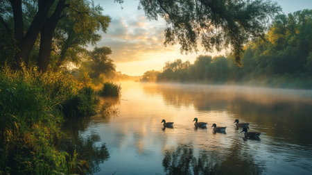 Foggy morning on the lake in the autumn. Landscape.の写真素材