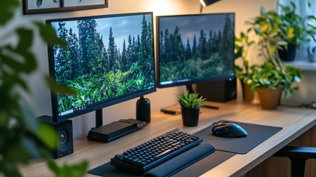 Modern home office with computer monitors, keyboard, mouse and plants.