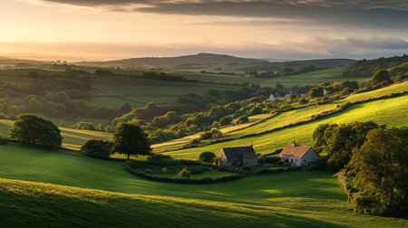 Sunset over the English countryside in the Peak District National Park.の写真素材