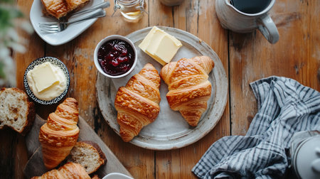 Breakfast with coffee, croissants and butter on wooden tableの写真素材