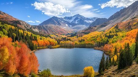 Colorful autumn alpine landscape with lake and snow-capped mountains