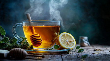 Cup of tea with lemon, honey and mint on wooden background
