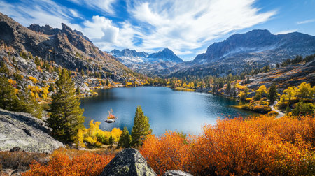 panoramic view of autumn alpine lake in Yading national level reserve, Daocheng County, Sichuan...