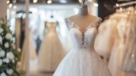 Wedding dress on a mannequin in a bridal salonの写真素材