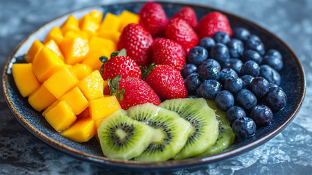 Fruit salad with strawberries, blueberries, kiwi and mango in a plate.の写真素材