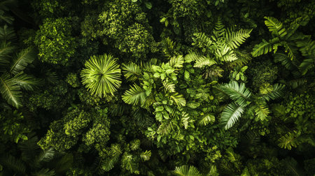 Tropical forest background. Green leaves texture. Top view.の写真素材
