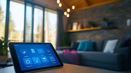smart home app on tablet pc screen in modern living room at homeの写真素材