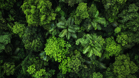 Tropical forest top view. Nature background. Green leaves texture.の写真素材