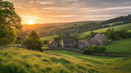 Sunset over the village of Cotswolds, Gloucestershire, Englandの写真素材