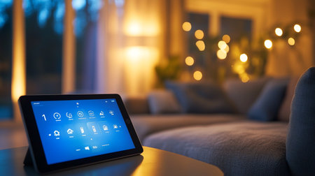 Tablet pc with smart home app on the screen in the living room at nightの写真素材