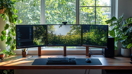 Workplace with computer monitors and keyboard on wooden table in front of window