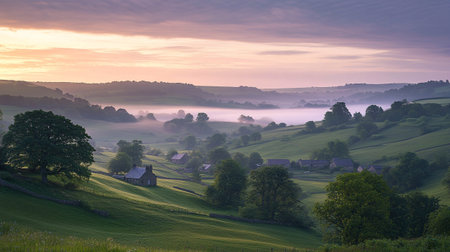Foggy sunrise over village in the English countryside in the summerの写真素材