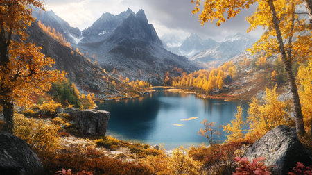 Colorful autumn landscape in the mountains. Panoramic view of the lake.の写真素材