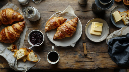 Breakfast with coffee and croissants on wooden table, top viewの写真素材