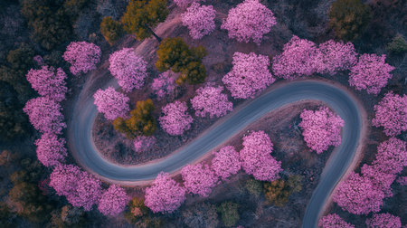 Aerial view of a winding road surrounded by pink blooming treesの写真素材