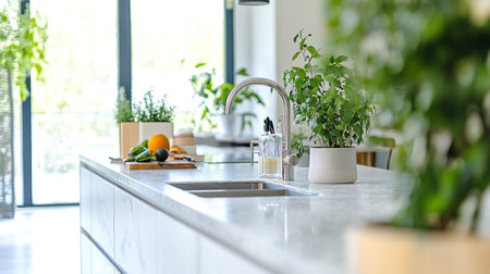 Kitchen interior with sink, faucet and green plants.の写真素材