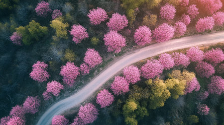 Aerial view of blooming sakura tree in spring season. Beautiful nature backgroundの写真素材