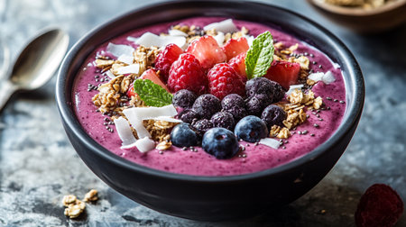 Healthy berry smoothie bowl with raspberry, blueberry, blackberry, coconut and granolaの写真素材