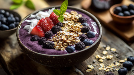 Blueberry smoothie bowl with fresh berries and granola on wooden backgroundの写真素材