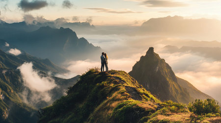 Woman standing on the top of the mountain and watching the sunrise.の写真素材