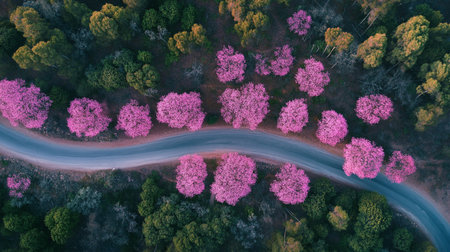 Aerial view of a road in a forest with pink trees.の写真素材
