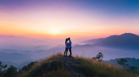 Couple kissing on top of the mountain in the morning, Thailandの写真素材